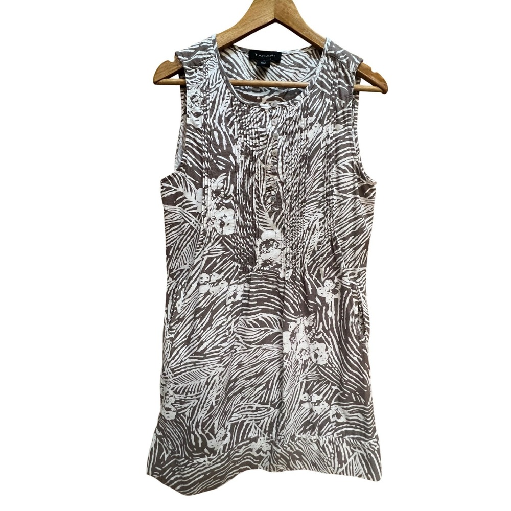 Tahari Womens Brown White Zebra Palm Print Linen Blend Sleeveless Dress Large